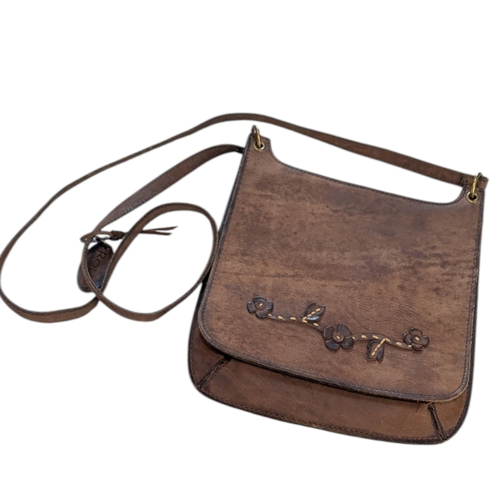 Vintage,Rolfs, Brown Floral Applique Slim Leather Crossbody Bag